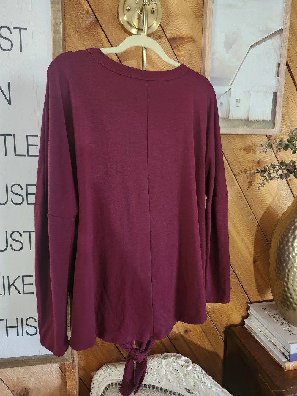 Zenana Premium Burgundy Tie Front Button Henley Top XL | Soft Casual Blouse
